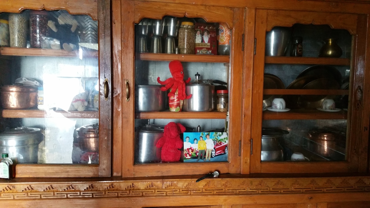 So manches mitgebrachte Stofftier sitzt jetzt in einer Vitrine mit Aussicht. Da nur noch 5 Kinder im Ort leben (einige Familien sind inzwischen nach Kathmandu gegangen) hatten wir viel zu viele Stofftiere dabei. Es kommt eben, wie so vieles hier, anders als man denkt.
